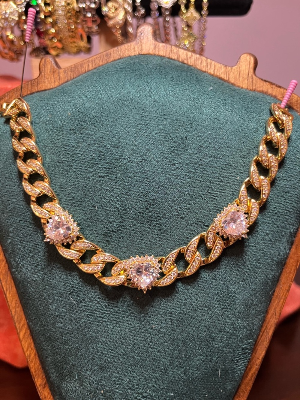 Iced Gold CZ Heart Station Cuban Chain Bracelet 7.5” Bling!
